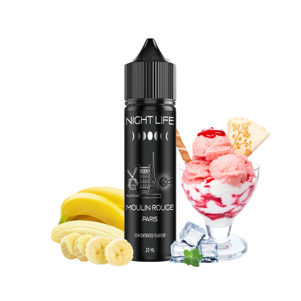Υγρό αναπλήρωσης Night Life Moulin Rouge Paris μαύρο μπουκάλι 60ml με παγωτό σορμπέ φράουλα και πουρέ μπανάνας με πάγο