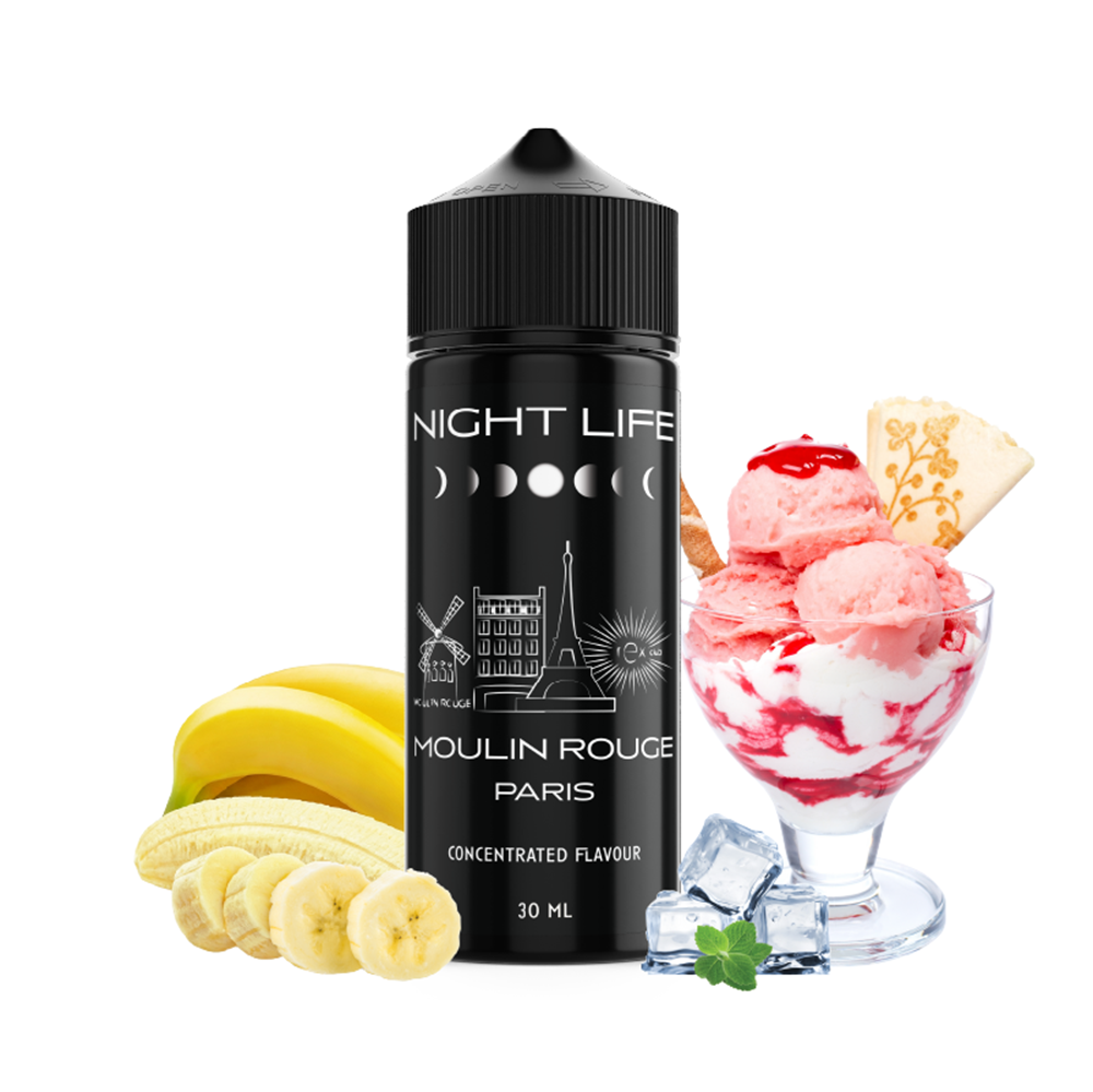 Υγρό αναπλήρωσης Night Life Moulin Rouge Paris μαύρο μπουκάλι 120ml με παγωτό σορμπέ φράουλα και πουρέ μπανάνας με πάγο