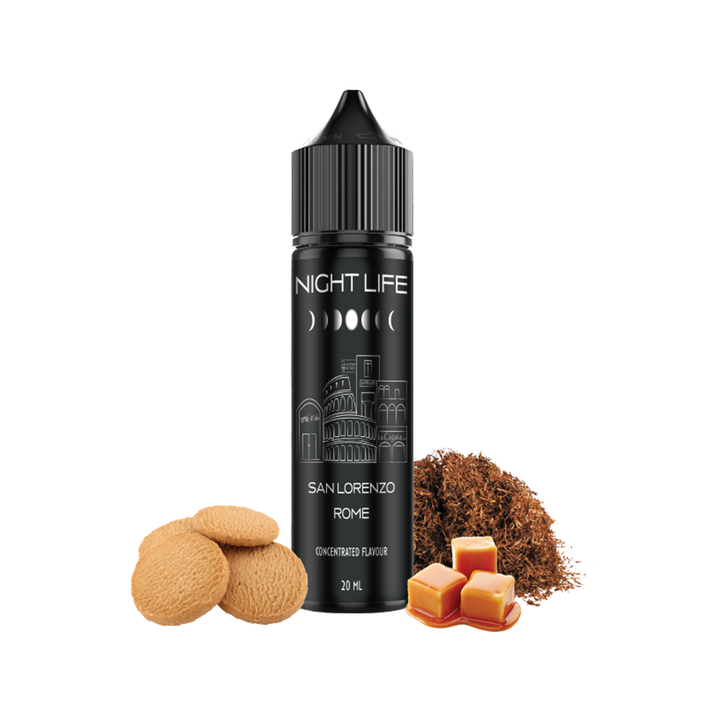 Υγρό αναπλήρωσης Night San Lorenzo Rome μαύρο μπουκάλι 60ml με καπνό, καραμέλα και μπισκότο