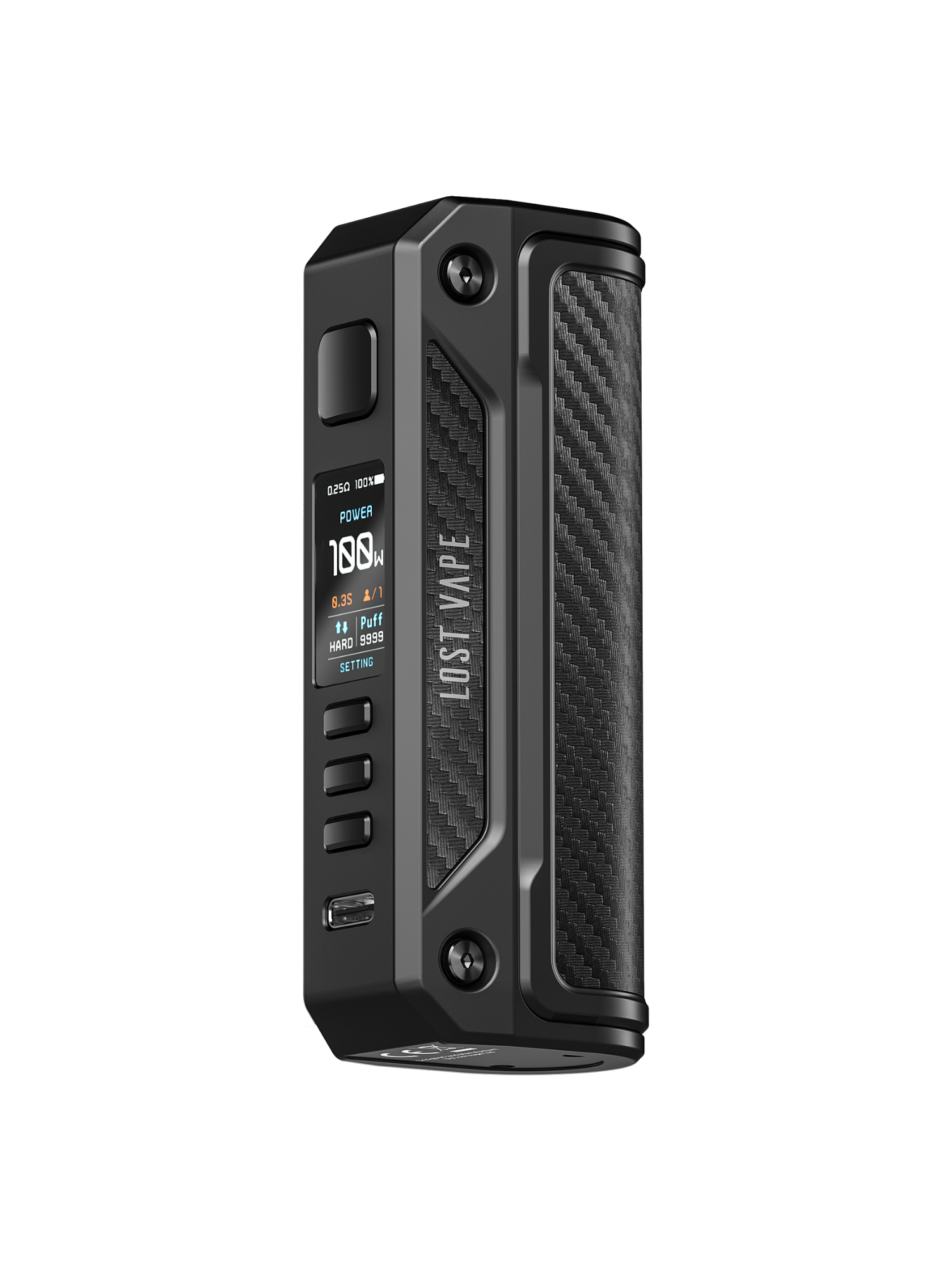 Συσκευή ηλεκτρονικού τσιγάρου Thelema Box Mod 100W από την lost vape σε μαύρο χρώμα με carbon fiber κάλυμα
