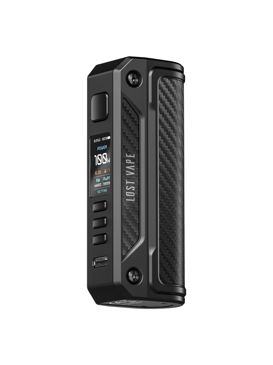 Συσκευή ηλεκτρονικού τσιγάρου Thelema Box Mod 100W από την lost vape σε μαύρο χρώμα με carbon fiber κάλυμα