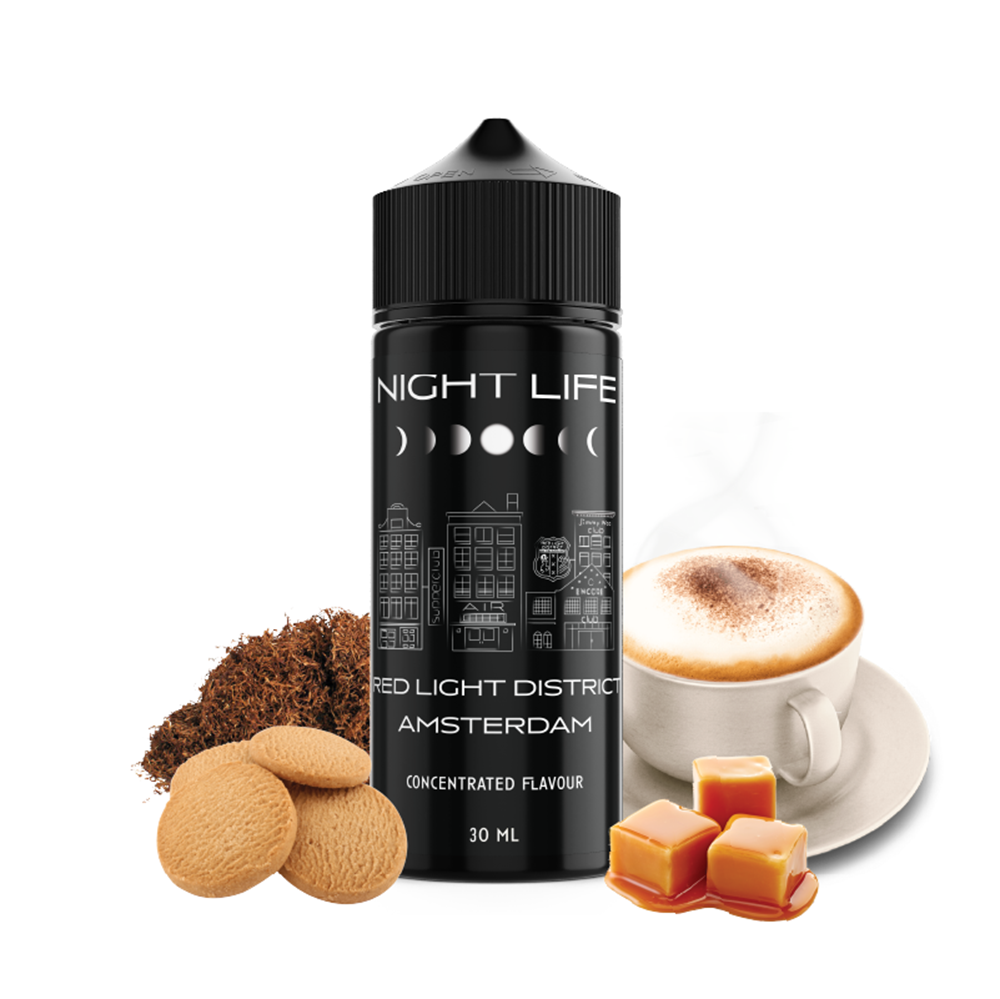 Υγρό αναπλήρωσης Night Life Red Light District Amsterdam μαύρο μπουκάλι 120ml με καπνό, καφέ, καραμέλα και μπισκότο
