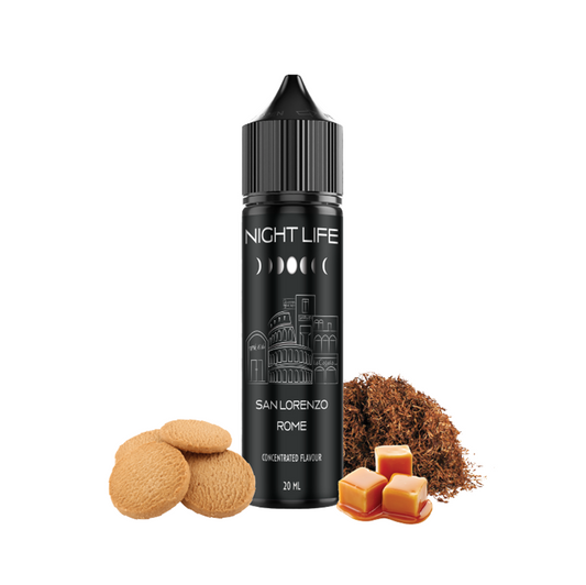 Υγρό αναπλήρωσης Night San Lorenzo Rome μαύρο μπουκάλι 60ml με καπνό, καραμέλα και μπισκότο